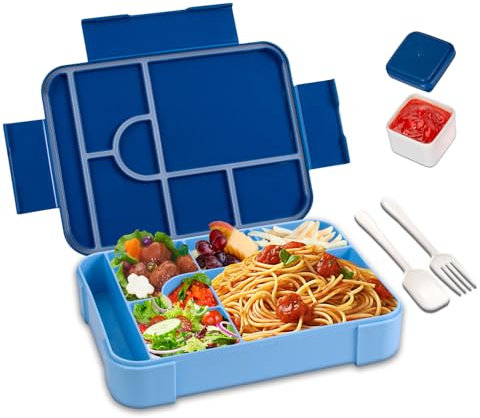 lompyeu Brotdose Kinder mit Fächern, 1330ML BPA Frei Jausenbox Kinder (Löffel & Gabel), Wiederverwendbar Bento Box，Lunchbox Vesperdose für Schule,Picknick, Mikrowellen (blau)