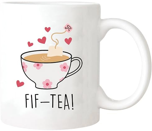 Yalocib FIF-TEA 50th Birthday Mug, Humorous Gift for 50th Birthday Celebrations, 11oz Ceramic Coffee Mug/Tea Cup