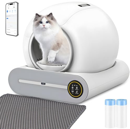 XQDKoon Selbstreinigende Katzentoilette, 65L+9L Selbstreinigende Toilette mit 5 Rollen Müllsäcken und 1 Fußmatten, Automatische Elektrisches Katzenklo, App Steuerung für Mehrere Katzen
