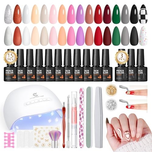 PEACECOLOR 31PCS Gel Nail Polish Set, 15 Colours Gel Nail Set with Lamp Starter Kit Gel Nail Kit with Base Top Coat Red Pink Green Black White Nails Salon Set Gifts for Women