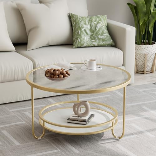 OAKVYNE Couchtisch Rund aus Glas – mit Kratzfester Oberfläche & Eisenrahmen – Beistelltisch für Wohnzimmer & Schlafzimmer,einfacher Aufbau, Metall, Industrie-Design(Gold,60cm/23.6in)