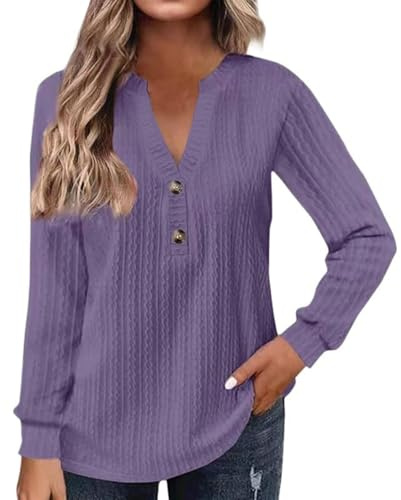 Top da donna a maniche lunghe, taglie forti, con scollo a V, a maniche lunghe, oversize, per il tempo libero, elegante, camicia da lavoro, Lilla, 3XL