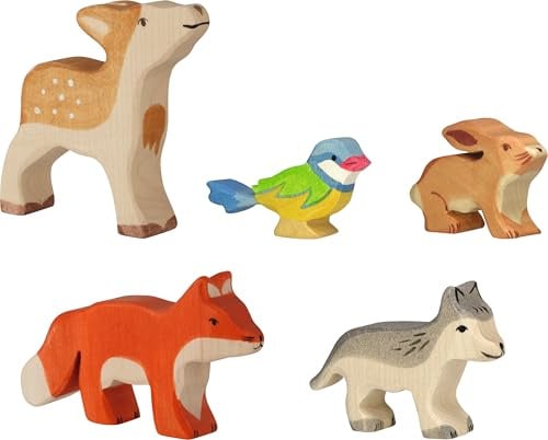 Holztiger 80630 Waldtiere Tierkinder – Set mit 5 Spielfiguren aus Holz, Rehkitz, Fuchs, Hase, Wolf, Blaumeise, handbemalte Spielzeugtiere für Kinder, Made in Europe