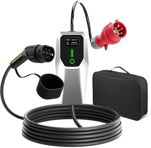 Junsun 11kW Ladekabel Typ 2 auf CEE, 16A, 5m, IP65, tragbare Wallbox | mit 6-16A Stromregelung, mit Steuerbox in Silber, Ladezeit programmierbar: 0,5–10 h