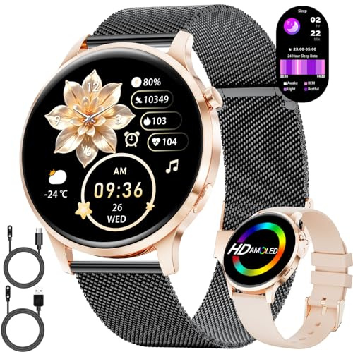 LIGE Smartwatch Damen Rund mit Telefonfunktion 7,9mm Dünn 1.32 AMOLED Elegant Fitnessuhr Frauen für Android iOS,Sportuhr mit Herzfrequenz Schlafmonitor,Menstruationszyklus,100+ Sportmodi,Schwarz-Gold