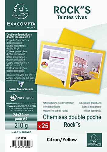 Exacompta - Réf. 415009E - Paquet de 25 chemises double poche ROCK''S 210 g/m² - couleurs vives - chemises certifiées PEFC™ - dimensions 24 x 32 cm pour documents format A4 - couleur jaune citron