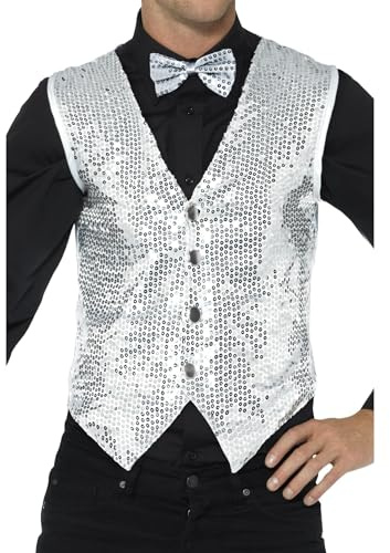 Smiffys Sequin Waistcoat, Silver , Party & Carnival Fancy Dress, Party Dress Up Costumes
