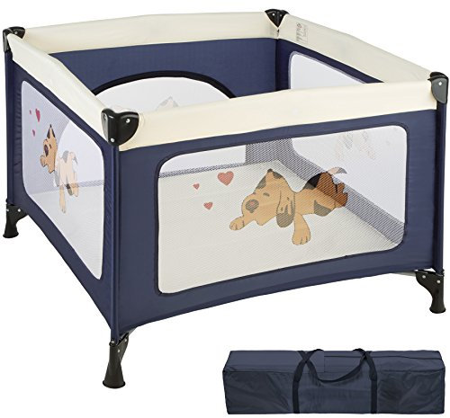 tectake® Parque Infantil Plegable con Estructura Estable, Apertura Lateral con Cremallera, Minicuna Portátil con Colchoneta, Cama Viaje, Corralito, Cuna Colecho, Cuna Bebe - 105 x 105 x 78 cm Azul