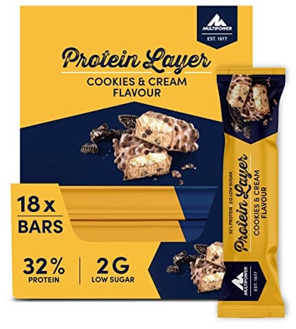 Multipower Protein Layer Bar Energieriegel mit 32 % Protein – Fitnessriegel 18 x 50 g – Proteinriegel als Sport-Snack – Eiweißriegel mit Cookies and Cream Geschmack – kalorienarmer Eiweißriegel