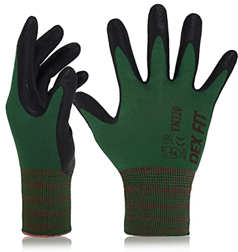 DEX FIT Premium Nylon Nitril Arbeitshandschuhe FN320; 3D-Komfort, Dehnbare Passform, Griff, Dünne, Leichte Arbeitshandschuhe, Langlebig, Atmungsaktiv, Kühl, Waschbar;Waldgrün XL (10) 3 Paare