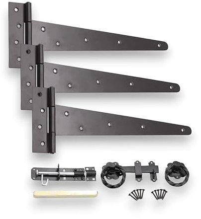 Infinity Decor 14” Tee Hinges (3) Garden Gate kit Twisted Ring Latch and Brenton Bolt Wooden Gate Fittings Kit Epoxy Black - for Barn, Shed Doors, Garage Gate