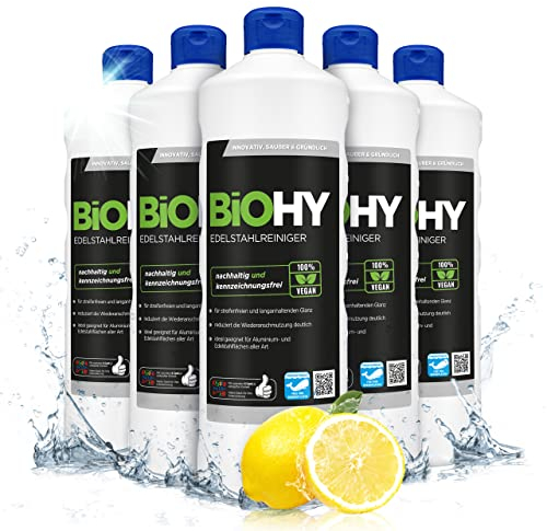 BiOHY Nettoyant pour acier inoxydable (6 x 1l Bouteille) | Entretien de l'acier inoxydable pour un nouvel éclat sans traces | Protection digitales, les taches (Edelstahlreiniger)