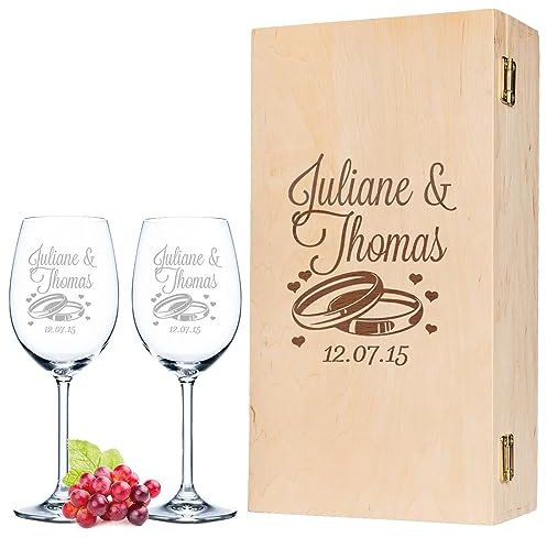 Leonardo Weingläser mit Gravur von Namen & Datum im - Wedding Design - als Geschenk zur Hochzeit, Verlobung oder zum Jahrestag - inkl. gravierter Vintage Holzkiste - das perfekte Hochzeitsgeschenk