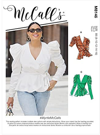 McCall's M8146RR Damen, Schößchen, Wickelbluse, Schnittmuster M8146, Papier, weiß, Plus Sizes 18W-24W