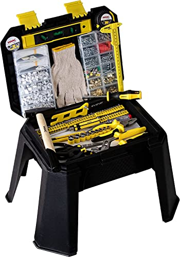 WMC TOOLS Hocker Werkzeugkoffer 1200 teilig Werkzeug im Tritthocker Erwachsene Werkzeugkiste gefüllt Aufbewahrung Werkzeugbox befüllt