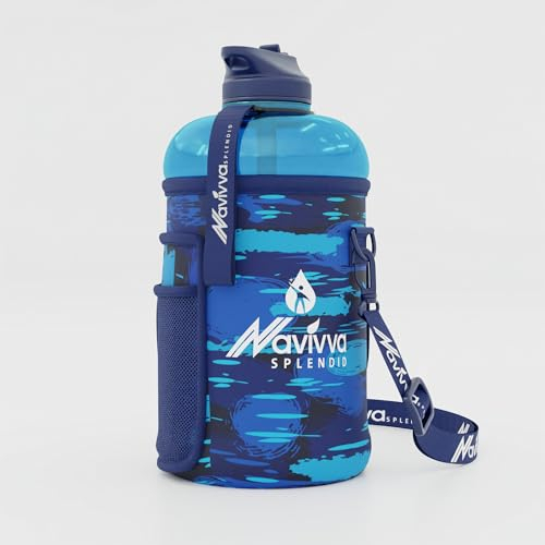 NAVIVVA SPLENDID Large 2L Water Bottle with Insulating Neoprene Cover and Straw Lid - BPA-Free, Dishwasher Safe, Portable, Eco-friendly with Carry Handle – Huge 2.2 Litre Capacity.(Blue Water Drops)