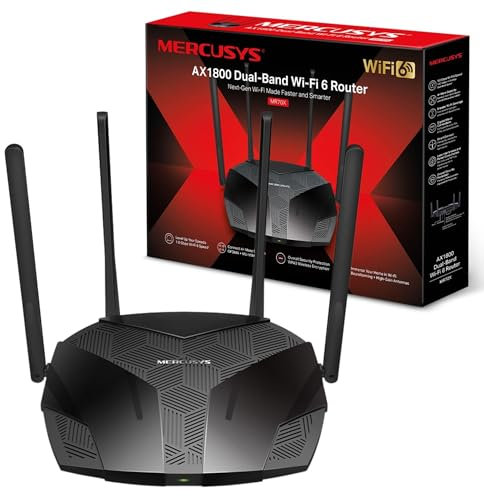 Mercusys AX1800 Dual-Band Wi-Fi 6 Router, WiFi Speed up to 1201Mbps/5GHz+574Mbps/2.4GHz, 3 Gigabit LAN Ports, Ideal for Gaming Xbox/PS4/Steam & 4K (MR70X), Black