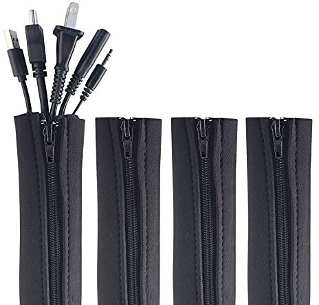 Zipper Cable Sleeve by Wrap-It Storage - 24 x 4 (4-Pack) Black - Cord Organizer and Cable Protector for Desk, Computer, TV Cord Management to Hide and Cover Wire and Extension Cables