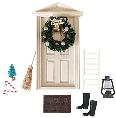 Wichteltür Weihnachten Set Miniatur Wichtel Set Wichtel Tür Nissedor mit Zubehör Stiefel Laterne Weihnachtsbaum Dekokranz Holzleiter Wichtelbesen Zuckerstange Miniatur-Puppenhausmöbel und Zubehör