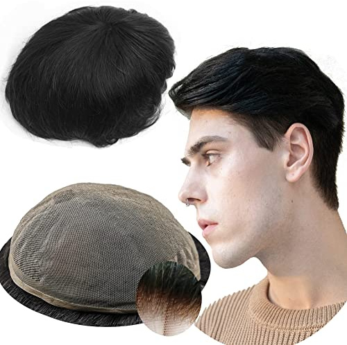 Echthaar Toupet für Männer,Yanahair Glattes Haar dünne französische Spitze Gebleicht Knoten natürlichen Haaransatz Perücken Haarsystem Europäische Echthaar Toupet Perücke Mann(8x10 #1 Tiefschwarz)