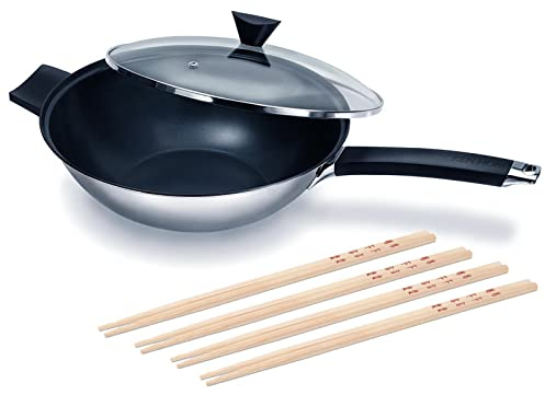 Ken Hom Stielwok 32 cm aus Edelstahl antihaftbeschichtet mit Glasdeckel - induktionsgeeignete Wokpfanne für verschiedene Herdarten - Set inkl. 4 Paar Essstäbchen