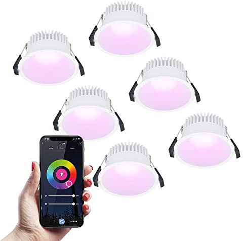 HOFTRONIC - Finn - 6er Smart Home LED Einbaustrahler Weiß - Farbig RGBWW - WiFi + Bluetooth - 10 Watt 630 Lumen - IP44 Deckenstrahler für innen, außen, Badezimmer - Alexa, Google home, Siri