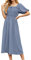 GRECERELLE Womens Summer Casual Midi Maxi Dress Square Neck Half Sleeve Ruffled Backless Smocked Elastic Waist Swiss Dot Cocktail Long Dresses for Ladies (Haze Blue, M)
