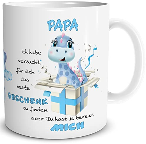 TRIOSK Papa Tasse Dino mit Beste Geschenk Spruch Ich habe versucht Vatertagsgeschenk lustig für Vatertag Geburtstag Vater Männer Freund Blau, Keramik 300ml