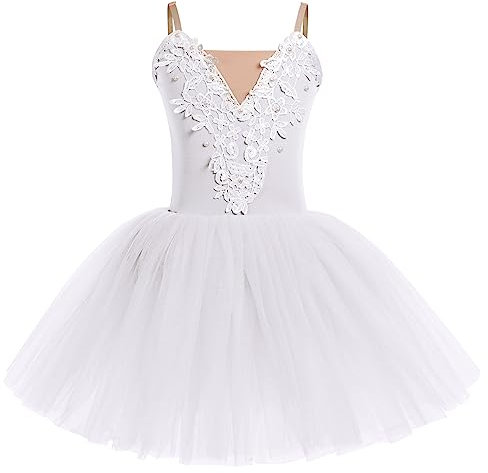 Kinder Ballettkleidung Mädchen Ballettkleid Samt Trägerkleid Balletttrikot Ballettanzug V-Ausschnitt Tanzkleid Tanzbody Tütü Tüllrock Tanzbekleidung Ballerina Kostüm Halloween Cosplay Weiß 4-5 Jahre