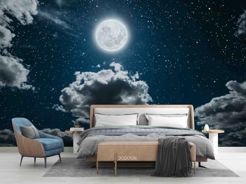 Fototapete 3D Effekt 3D-Nachtwolken-Mond-Stern-Himmel Wandbilder Wand Deko für Schlafzimmer Küche Bad Flur Fenster Tür,396 * 280cm
