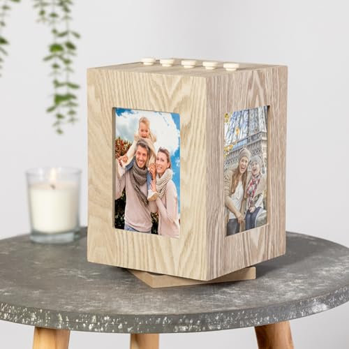 noTrash2003 Drehbarer Fotorahmen Fotowürfel für 4 Fotos im Format 13 cm x 9 cm aus Holz mit Fotoalbum für 100 weitere Fotos in 5 Schubladen zum Herausnehmen