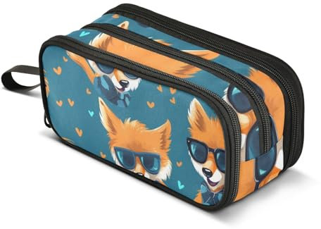 Cool Foxes Sonnenbrillen-Federmäppchen, großes Fassungsvermögen, Stifttasche für Jungen und Mädchen, 3 Fächer, Federmäppchen, Studenten, Schreibwaren, Organizer, Marker-Etui für Schule, Büro, Arbeit,