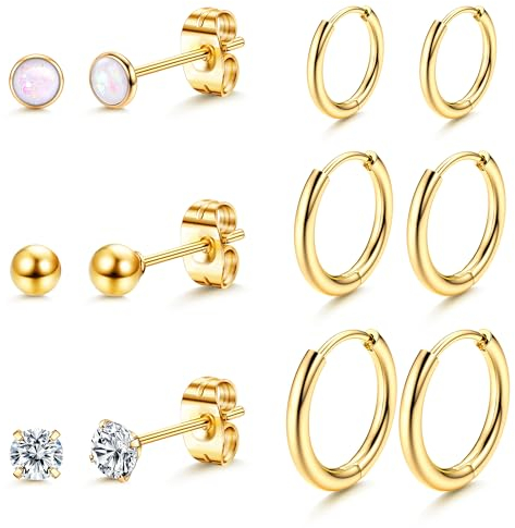 Dochais 6 Paar Edelstahl Ohrringe Damen Gold Set Ohrringe Gold Creolen Set Ohrstecker Klein Creolen 8mm 10mm 12mm Hypoallergene Ohrstecker Zirkonia Ball Knorpel Schlafen Piercing für Damen Herren