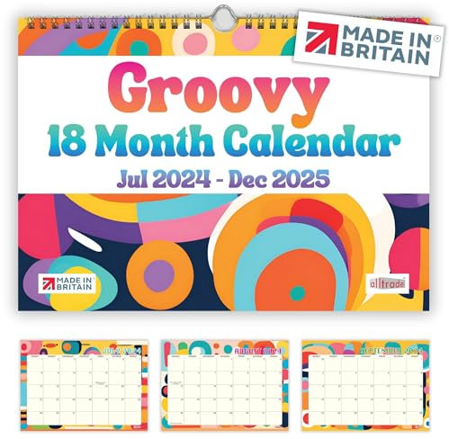 2024/2025 Calendar UK Holidays MADE IN BRITAIN® A4 Premium Quality Groovy Calendar 2024-2025 18 Months Jul24-Dec25, Carbon Capture Trees planted in UK Solar Energy on FSC® Paper Academic 24/25 Year