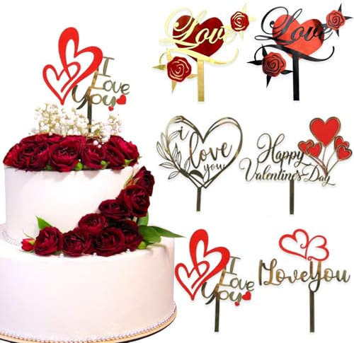 6 Stück Herz Love Acryl Tortenaufsätze rote Rose I Love You Cake Toppers Happy Valentine's Day Cake Decors for Baking Happy Engagement Anniversary Wedding DIY Cupcake Decoration Supplies