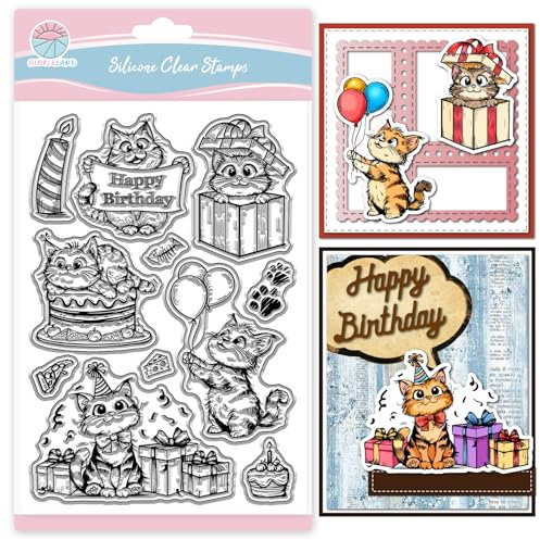 GLOBLELAND Transparente Stempel Mit Geburtstagskatze Für Scrapbooking Lustige Tier Silikonstempel Geburtstagstorte Transparenter Stempel Für Die Kartengestaltung DIY Prägung Journaling