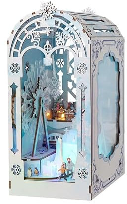 IIE CREATE Book Nook Neige Maison de Poupée en Bois, DIY Miniature, décoration de Maison Puzzle avec Lumières LED, Décoration de Bibliothèque, Serre Livre, Maquette en Bois à Construire