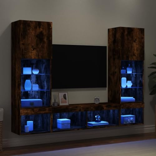 Générique Unités murales TV avec LED 5 pcs chêne fumé Bois d'ingénierie,Meubles, Meubles TV, Brun (Poids 63.04KG)