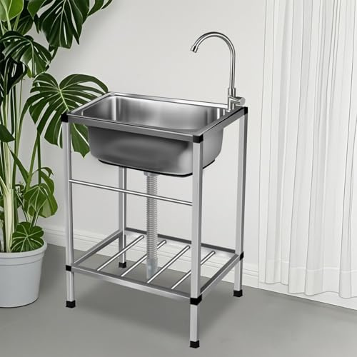 Lavello di Utilità in Acciaio Inox, Lavandino Commerciale con Rubinetto Lavelli Autoportante Lavello da Esterno Lavabo Cucina Lavandino Professionale Per Lavanderia 52 * 38cm