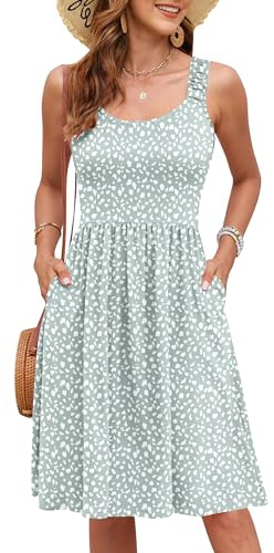 WNEEDU Damen Ärmelloses Knielange Sommerkleid Grünes Muster L