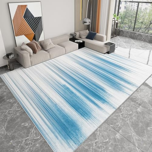 Generisch Anti-Rutsch Teppich Wohnzimmer 120 x 170 cm, Kurzflor Teppich Schlafzimmer Waschbar Teppiche Teppichen für Kinderzimmer, Hellblau Grau Abstrakt Gestreift Muster Teppiche, Vier Jahreszeiten