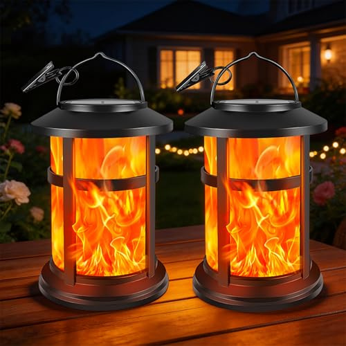 SCNNC Solarlampen für Außen Hängend, IP65 Wasserdicht Solar Laternen für Draußen mit Flammeneffekt Warmweiß, Solarlaterne für Außen Garten Balkon Hof Patio Terrasse, 2 Stück