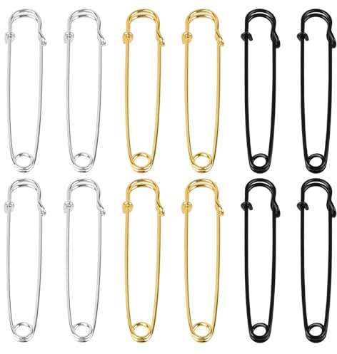 12 Stück Sicherheitsnadeln Groß,Große Sicherheitsnadeln 10 cm,Silber Gold Schwarz Kiltnadel Safety Pins,Sicherheitsnadel Gross Brosche Aufgerüstet für Kleidung,Leder,Segeltuch,Decken,Basteln,Röcke