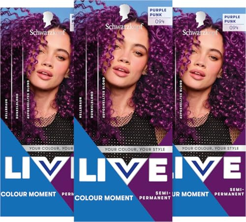 Schwarzkopf LIVE Colour Moment Semi-Permanente Haarfarbe 094 Purple Punk (3x 142,5 ml), Coloration für intensive oder pastellige Farbergebnisse für bis zu 15 Haarwäschen, mit Pflege-Conditioner