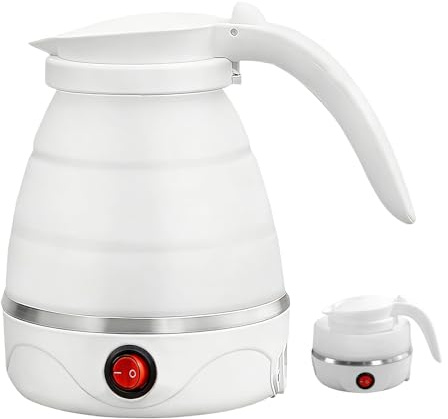 Faltbarer Wasserkocher 0.6L,Reisewasserkocher Klein Silikon,Mini Wasserkocher,5 Minuten Schnelles Kochen für Outdoor Camping Wandern (Weiße)