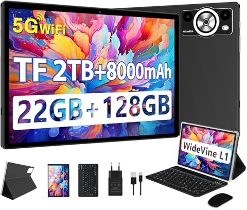 DEERTiME 2026 Tablette Android AI,Tablette 10.1 Pouces 22Go RAM+128Go ROM(TF 2To),8 Cœurs 2.0GHz, 5G WiFi GMS,8000mAh/WideVine L1/Netflix FHD/BT5.0/GPS/Tablette avec Clavier Souris-Noir