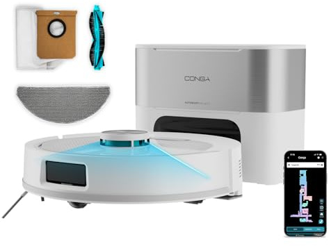Cecotec Robot Aspirador y Friegasuelos con Base Autovaciado Conga Y60 Pearl. Navegación Láser, 13000Pa, Autonomía 200mins, Cepillo Multifunción, Bolsa de Polvo 3L, Bluetooth y WiFi, Control App