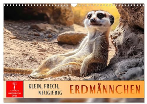 Erdmännchen - klein, frech, neugierig (Wandkalender 2026 DIN A3 quer), CALVENDO Monatskalender: Erleben Sie Wüstenwächter mit ihrem putzigem Charme. (CALVENDO Tiere)