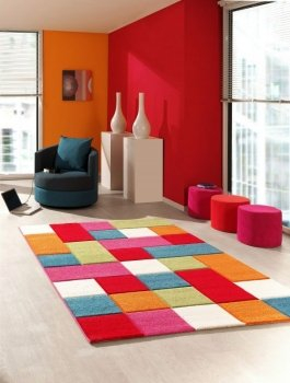 Kinderteppich Spielteppich Kinderzimmerteppich Karomuster Teppich Multicolour Rot Türkis Orange Creme Grün Pink, Größe 160x230 cm