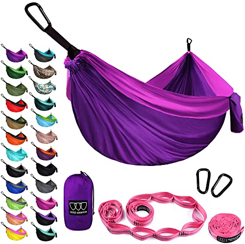 Gold Armour Camping-Hängematte – XL-Doppel-Hängematte, tragbare Hängematte, Camping-Zubehör, Ausrüstung für drinnen und draußen, mit Baumgurten, Marke aus den USA (lila und fuchsia)